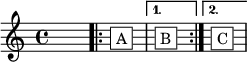   {
    \override TextScript.extra-offset = #'(1 . 4)
    s1 \bar "|"    
    \repeat volta 2 {
      s4-\markup { \whiteout \box \pad-markup #0.5 "A" } s s s \bar "|"
    }
    \alternative {
      { s4-\markup { \whiteout \box \pad-markup #0.5 "B" } s s s \bar "|" }
      { s4-\markup { \whiteout \box \pad-markup #0.5 "C" } s s s \bar "|" }
    }
  }  
