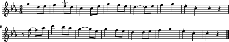 
     \relative c'' {
     \key ees \major
     \time 2/4

     g'4 d8 ees | f4 ees8\trill d | c4 c8 ees | g4 f8 ees | d4 ~ d8 ees | f4 g | ees-. c-. | c-. r |
     r8 f ~ f aes | c4 bes8 aes | g4 ~ g8 ees | g4 f8 ees | d4 d8 ees | f4 g | ees-. c-. | c-. r \bar "|."
}
