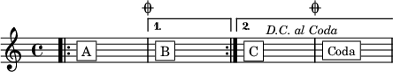   {
    \omit Clef
    \omit TimeSignature
    \override TextScript.extra-offset = #'(1 . 4)
				%\override Score.RehearsalMark.direction = #down
    
    \set Score.proportionalNotationDuration = #(ly:make-moment 1)
    \partial 8 s8 \bar "|"
    \set Score.proportionalNotationDuration = #(ly:make-moment 1/4)    
    \repeat volta 2 {
      s4-\markup { \whiteout \box \pad-markup #0.5 "A" } s s s \bar "|"
    }
    \alternative {
      { \mark \markup { \small \musicglyph #"scripts.coda" } s4-\markup { \whiteout \box \pad-markup #0.5 "B" } s s s \bar "|" }
      {
	s4-\markup { \whiteout \box \pad-markup #0.5 "C" } s
          \override TextScript.extra-offset = #'(-2 . 0)
          s^\markup { \small \italic "D.C. al Coda" } s \mark \markup { \small \musicglyph #"scripts.coda" } \bar "|"
	\override TextScript.extra-offset = #'(1 . 4) 
        s4-\markup { \whiteout \box \pad-markup #0.5 \small "Coda" } s s s \bar "|"
      } 
    }
  }  
