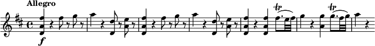 
\relative c'' {
 \version "2.18.2"
 \key d \major
 \tempo "Allegro"
   <fis a, d,>4\f r fis8 r g r |
   a4 r <d, d,>8 r <e a,> r |
   <fis a, d,>4 r fis8 r g r |
   a4 r <d, d,>8 r <e a,> r |
   <fis a, d,>4 r <fis a, d,> fis8.(\trill e32 fis) |
   g4 r <a, g'>4 g'8.(\trill fis32 g) |
   a4 r
}
