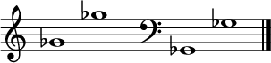 
\new Staff \with
{
  \omit TimeSignature
  fontSize = #2
  \override StaffSymbol.staff-space = #1.25
  \override StaffSymbol.thickness = #1.25
  \override Clef.full-size-change = ##t
  \override BarLine.hair-thickness = #2.4
  \override BarLine.thick-thickness = #7.5
  \override BarLine.kern = #3.75
  \override BarLine.transparent = ##t
}
{
  \time 18/8
  \clef treble
  s8
  ges'1 ges''
  s8
  \grace s8
  \clef bass
  \bar "|"
  s8
  ges,1 ges
  \override Staff.BarLine.transparent = ##f
  \bar "|."
}
