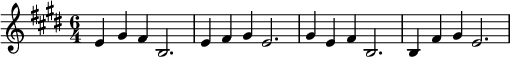  \relative c' {\time 6/4 \key e \major e4 gis fis b,2. | e4 fis gis e2. | gis4 e fis b,2. | b4 fis' gis e2. } 