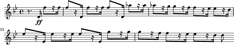 
{
    \relative c' {
        \set Score.currentBarNumber = #31
        \time 4/4 \key bes \major
        \partial2 r8. d16\ff f'8[ r16 f]
        f8[ r16 d,] f'8[ r16 f] f8[ r16 d,] aes''8[ r16 aes]
        aes8[ r16 g] g8[ r16 f] f8[ r16 es] es8[ r16 d]
        es8[ r16 es,] es'8[ r16 es] es8[ r16 es,] g'8[ r16 g]
        g8[ r16 f] f8[ r16 es] es8[ r16 d] d8
    }
}
