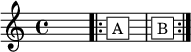   {
    \override TextScript.extra-offset = #'(0.5 . 4)
    s1 \bar "|"
    \repeat volta 2 {
      s4-\markup { \whiteout \box \pad-markup #0.5 "A" } s s s \bar "|"
      s4-\markup { \whiteout \box \pad-markup #0.5 "B" } s s s \bar "|"
    }
  }
