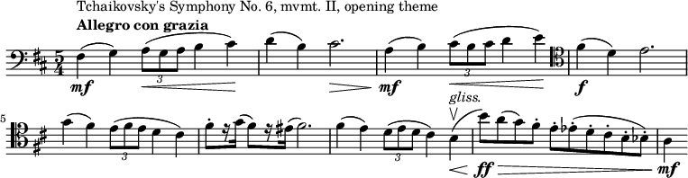 
    \relative c {
        \set Score.tempoHideNote = ##t \tempo 4 = 144
        \set Staff.midiInstrument = #"cello"
        \clef bass
        \key d \major
        \time 5/4
        fis4\mf(^\markup {
              \column {
                \line { Tchaikovsky's Symphony No. 6, mvmt. II, opening theme }
                \line { \bold { Allegro con grazia } }
            }
        }
        g) \tuplet 3/2 { a8(\< g a } b4 cis)\!
        d( b) cis2.\>
        a4(\mf b) \tuplet 3/2 { cis8(\< b cis } d4 e)\!
        \clef tenor
        fis(\f d) e2. \break
        g4( fis) \tuplet 3/2 { e8( fis e } d4 cis)
        fis8-. [ r16 g( ] fis8) [ r16 eis( ] fis2.)
        fis4( e) \tuplet 3/2 { d8( e d } cis4) b\upbow(\<^\markup { \italic gliss. }
        b'8)\ff\> [ a( g) fis-. ] e-. [ es-.( d-. cis-. b-. bes-.) ]
        a4\mf
}
