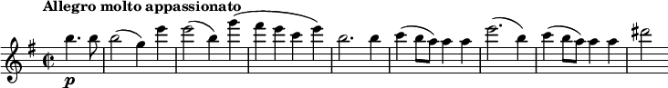  \relative c''' {\set Score.tempoHideNote = ##t \set Staff.midiInstrument = #"violin" \tempo "Allegro molto appassionato" 2 = 100 \key e \minor \time 2/2 \partial 2 b4.\p b8 b2( g4) e' e2( b4_) g'( fis e c e) b2. b4 c(b8 a8) a4 a e'2.( b4) c( b8 a) a4 a dis2 } 