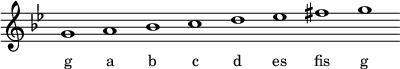 
\relative g'{
\key g \minor
\override Staff.TimeSignature #'stencil = ##f
\cadenzaOn g1 a b c d es fis g \cadenzaOff
}
\addlyrics { \small {
g a b c d es fis g
} }
