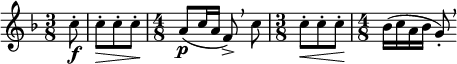  \relative c'' { \clef treble \key f \major \time 3/8 \partial 8*1 c8\f-. | c\>-. c-. c-.\! | \time 4/8 a(\p c16 a f8->)\breathe c' | \time 3/8 c-.\< c-. c-.\! | \time 4/8 bes16( c a bes g8)-.\breathe } 