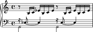 
{
      <<
      \new PianoStaff <<
        \new Staff <<
           \tempo 8=116 \set Score.tempoHideNote = ##t
           \clef treble \key c \major \time 4/4
           \new Voice \relative c' {
                r8 b16 c es b c es r8 b16 c es b c es
                }
            >>
        \new Staff <<
           \clef bass \key c \major \time 4/4
           \new Voice \relative c {
                \voiceOne r16 es8._~ es4 r16 es8._~ es4
                }
           \new Voice \relative c {
                \voiceTwo g2 g
                }
            >> >>
    >>  }
