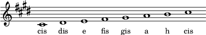 
\relative f'{
\key cis \minor
\override Staff.TimeSignature #'stencil = ##f
\cadenzaOn cis1 dis e fis gis a h cis \cadenzaOff
}
\addlyrics { \small {
cis dis e fis gis a h cis
} }
