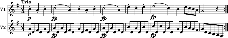 
<<
\new Staff \with { instrumentName = #"V1 "}
\relative c'' {
\version "2.18.2"
 \key g \major 
 \time 3/4
 \tempo "Trio"
   b4-.\p a-. b-.
   c2\fp (a4)
   b4-. a-. b-.
   c2\fp (a4)
   d4-. c-. d-.
   e2\fp (c4)
   b d8 c b a
   g2 r4 \bar ":|."
}
\new Staff \with { instrumentName = #"V2 "} 
\relative c'' {
\key g \major 
\time 3/4
   g8 \p d fis d g d
   a' \fp d, a' d, fis d
   g  d fis d g d
   a' \fp d, a' d, fis d
   b'  d, a' d, b' d,
   c' \fp d, c' d, a' d,
   g d b' a g fis
   g d c b a g \bar ":|."
}
>>
