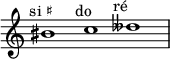 
    \relative c'' {
      \time 3/1
      \override Staff.TimeSignature #'stencil = ##f
      bis1^\markup { \center-align "si ♯" }
      c^\markup { \center-align "do" }
      deses^\markup { \center-align "ré 𝄫" }
    }
  