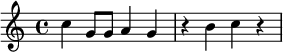  { \set Staff.midiInstrument = #"trumpet" \set Score.tempoHideNote = ##t \tempo 4 = 144 c'' g'8 g' a'4 g' r4 b' c'' r4 }