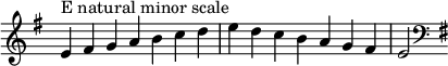  {
\override Score.TimeSignature #'stencil = ##f
\relative c' {
  \clef treble \key e \minor \time 7/4 e4^\markup "E natural minor scale" fis g a b c d e d c b a g fis e2 \clef bass \key e \minor
} }

