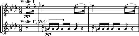 
\new StaffGroup <<
\new Staff \relative c'' {
\time 3/8
\key aes \major
\set Score.barNumberVisibility = #all-bar-numbers-visible
\set Score.currentBarNumber = #75
\bar ""
\override TextScript #'X-offset = #-3
\partial 8 es16.(\pp^"Violin I" f32) |
\repeat unfold 2 { ges4 es16.(f32) | }
}
\new Staff \relative c'' {
\key aes \major
\override TextScript #'X-offset = #-3
r8^"Violin II, Viola" |
r32 \[ a[\pp a a] a16[ \] a] a r |
r32 a[ a a] a16[ a] a r |
}
>>
