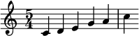 \relative c' { \time 5/4 c d e g a c }