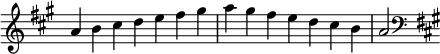   {
\override Score.TimeSignature #'stencil = ##f
\relative c'' {
  \clef treble \key a \major \time 7/4 a4 b cis d e fis gis a gis fis e d cis b a2
  \clef bass \key a \major
} }
