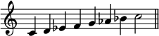 
{
\override Score.TimeSignature #'stencil = ##f
\relative c' {
  \clef treble
  \time 9/4
  c4 d es f g aes bes c2 \bar "||"
} }
