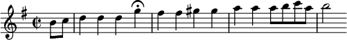 
\relative a' {
\set Staff.midiInstrument = #"recorder"
\set Score.tempoHideNote = ##t
\tempo 4 = 145
\key g \major
\time 2/2
\partial 4
b8 c
d4 d d \tempo 4 = 45 g\fermata \tempo 4 = 145 fis fis gis gis a a a8 b c a b2 }
