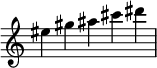 
\relative c'' {
  \time 5/4
  \omit Score.TimeSignature
  eis gis ais cis dis
}
