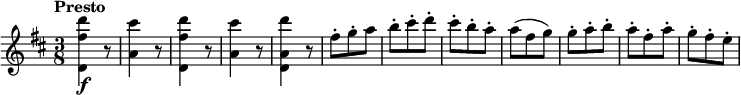 
\relative c'' {
\version "2.18.2"
 \key d \major 
 \time 3/8
 \tempo "Presto"
   <d, fis' d'>4\f r8
   <a' cis'>4 r8
   <d, fis' d'>4 r8
   <a' cis'>4 r8
   <d, a' d'>4 r8
   fis'-. g-.-. a
   b-. cis-. d-.
   cis-. b-. a-.
   a (fis g)
   g-. a-. b-.
   a-. fis-. a-.
   g-. fis-. e-.
}
