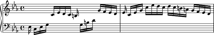 \relative c'{\new PianoStaff <<\new Staff{\key c \minor \hideNotes r4 \unHideNotes c16 ees d c b \hideNotes r8. \unHideNotes g'16 f ees d ees\noBeam c ees g c ees d c d c b a g f ees d} \new Staff{\key c \minor \clef "bass" ees,16\noBeam c ees g \hideNotes r4 r16 \unHideNotes g b d \hideNotes r4 r1}>>}