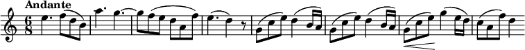  \relative c'' {\set Score.tempoHideNote = ##t \set Staff.midiInstrument = #"violin" \tempo "Andante" 8 = 100 \key c \major \time 6/8 e4. f8( d b) a'4. g4. ~~ g8) f( e d a f') e4.( d4) r8 g,8( c e) d4( b16 a) g8( c e) d4( b16 a) g8\<( c e\!) g4( e16 d) c8( a f') d4} 