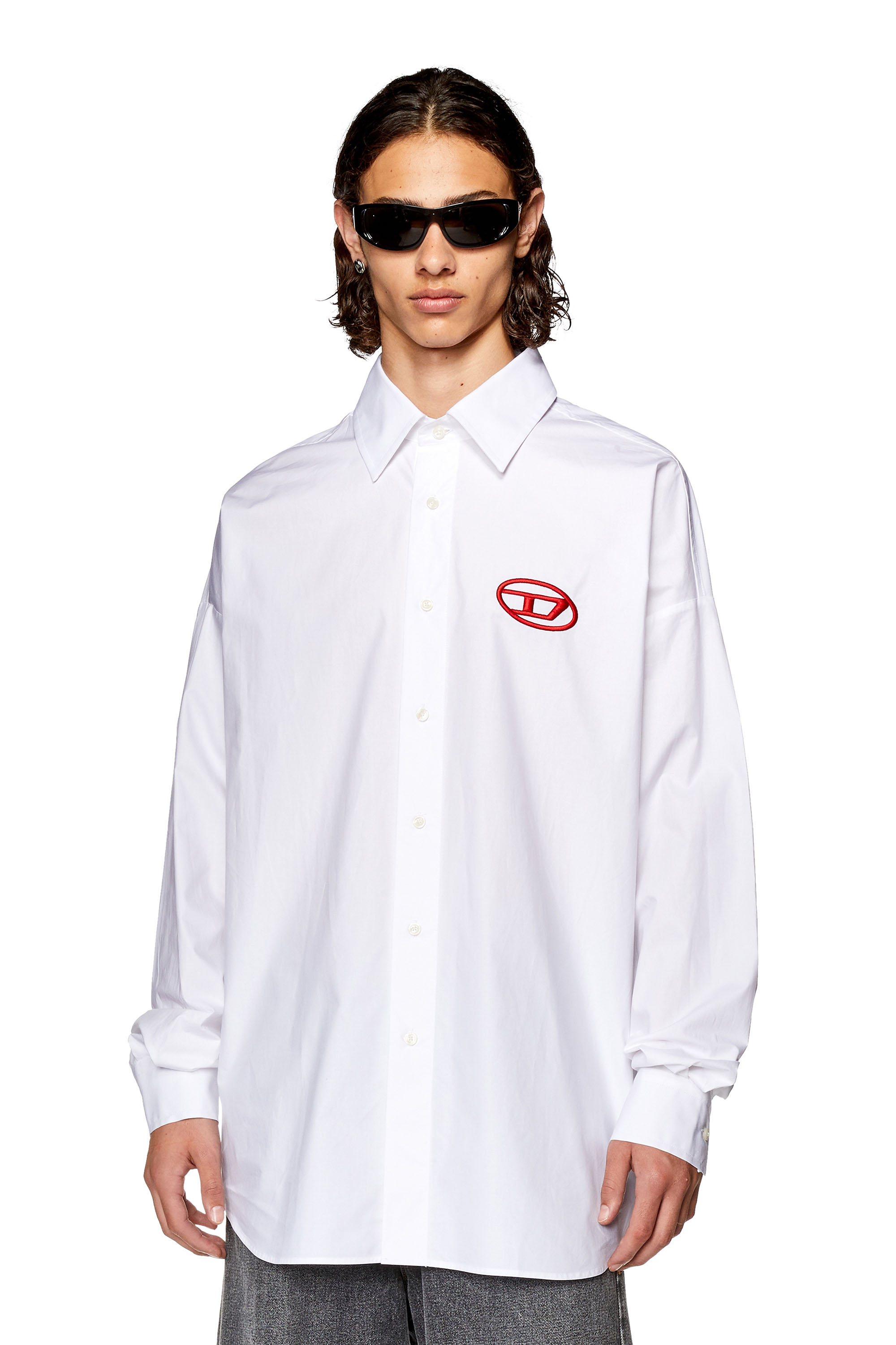 Diesel - S-DOU-PLAIN, Man Poplin shirt with oval D embroidery in White - Image 1