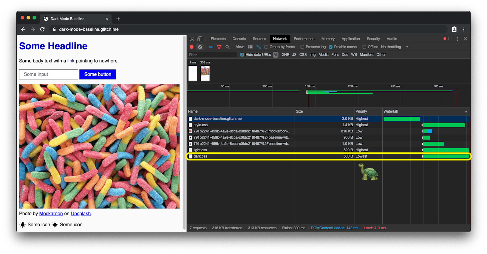 Network loading diagram showing how in default light mode the dark mode CSS gets loaded with lowest priority