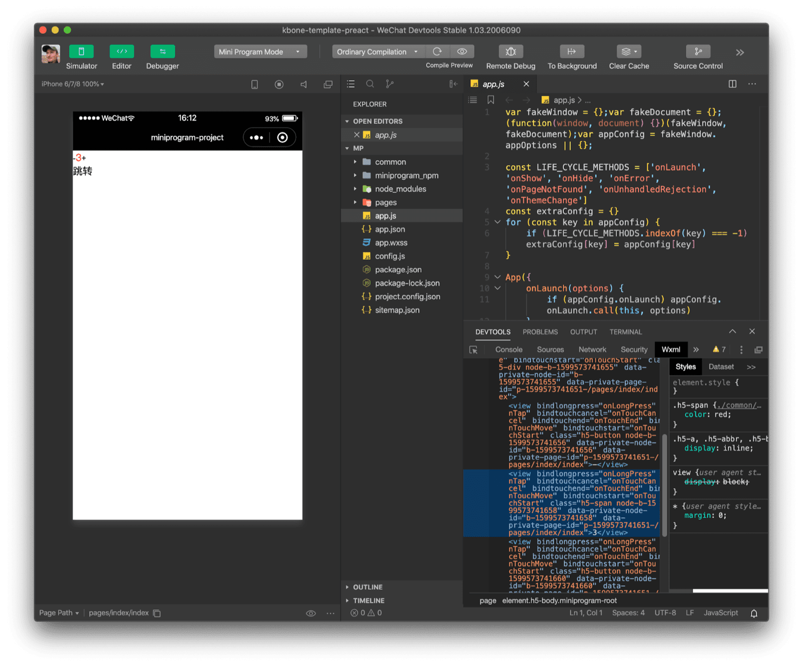 L&#39;app demo del modello kbone Preact aperta in WeChat DevTools. L&#39;ispezione della struttura del DOM mostra un overhead significativo rispetto all&#39;app web.