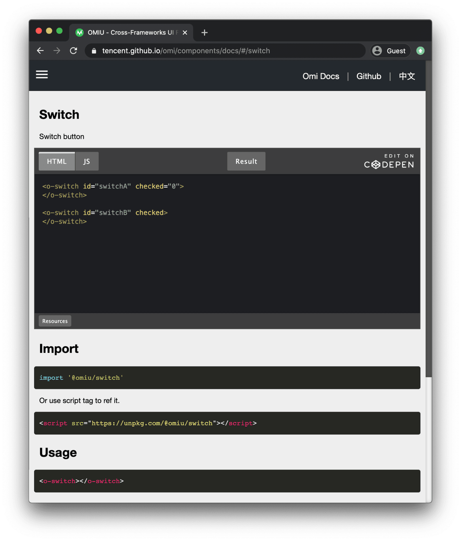 Demo del framework Omiu che mostra i componenti correlati al modulo, ovvero i switch.