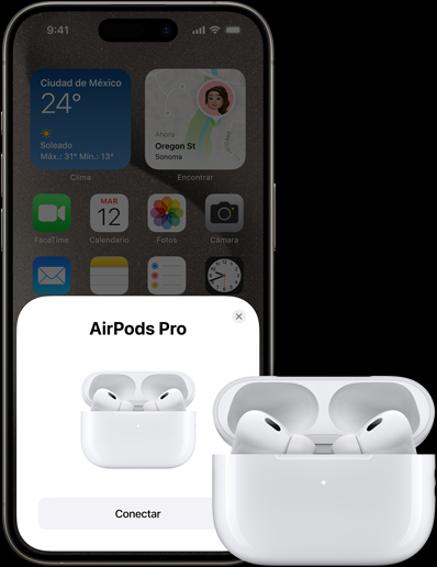 Un iPhone 15 Pro reproduce música junto a unos AirPods Pro