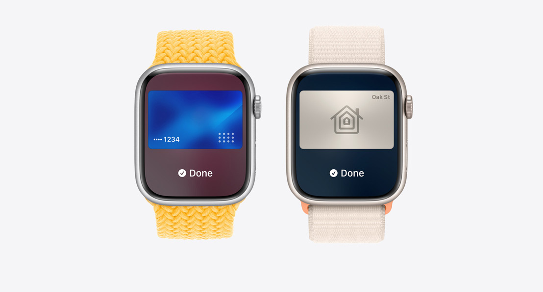 Three Apple Watch Series 9. The first shows Apple Card being used with Apple Pay. The second shows a transit card being used with the Wallet App. The third shows a home key being used through the Wallet app.