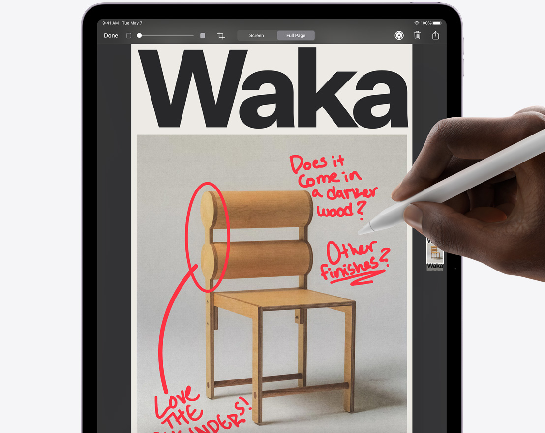 „Apple Pencil Pro“ atliekami žymėjimai „Safari“ ekrano kopijoje naudojant „iPad Pro“.