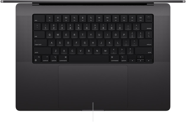 Top-down view of open 16-inch MacBook Pro showing Force Touch trackpad located below keyboard