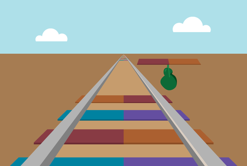 Graphic displaying a green protein filling a gap in railroad tracks that are colored like DNA.