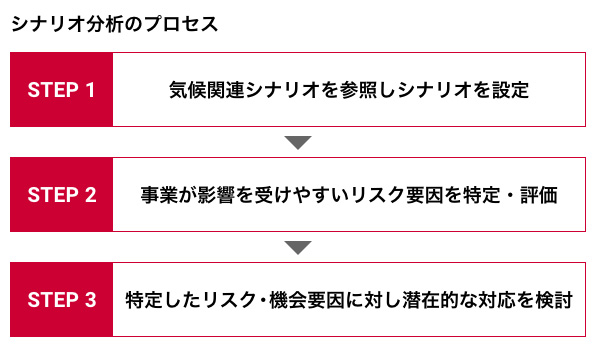 シナリオ分析のプロセス：STEP 1 気候関連シナリオを参照しシナリオを設定→STEP 2 事業が影響を受けやすいリスク要因を特定・評価→STEP 3 特定したリスク・機会要因に対し潜在的な対応を検討