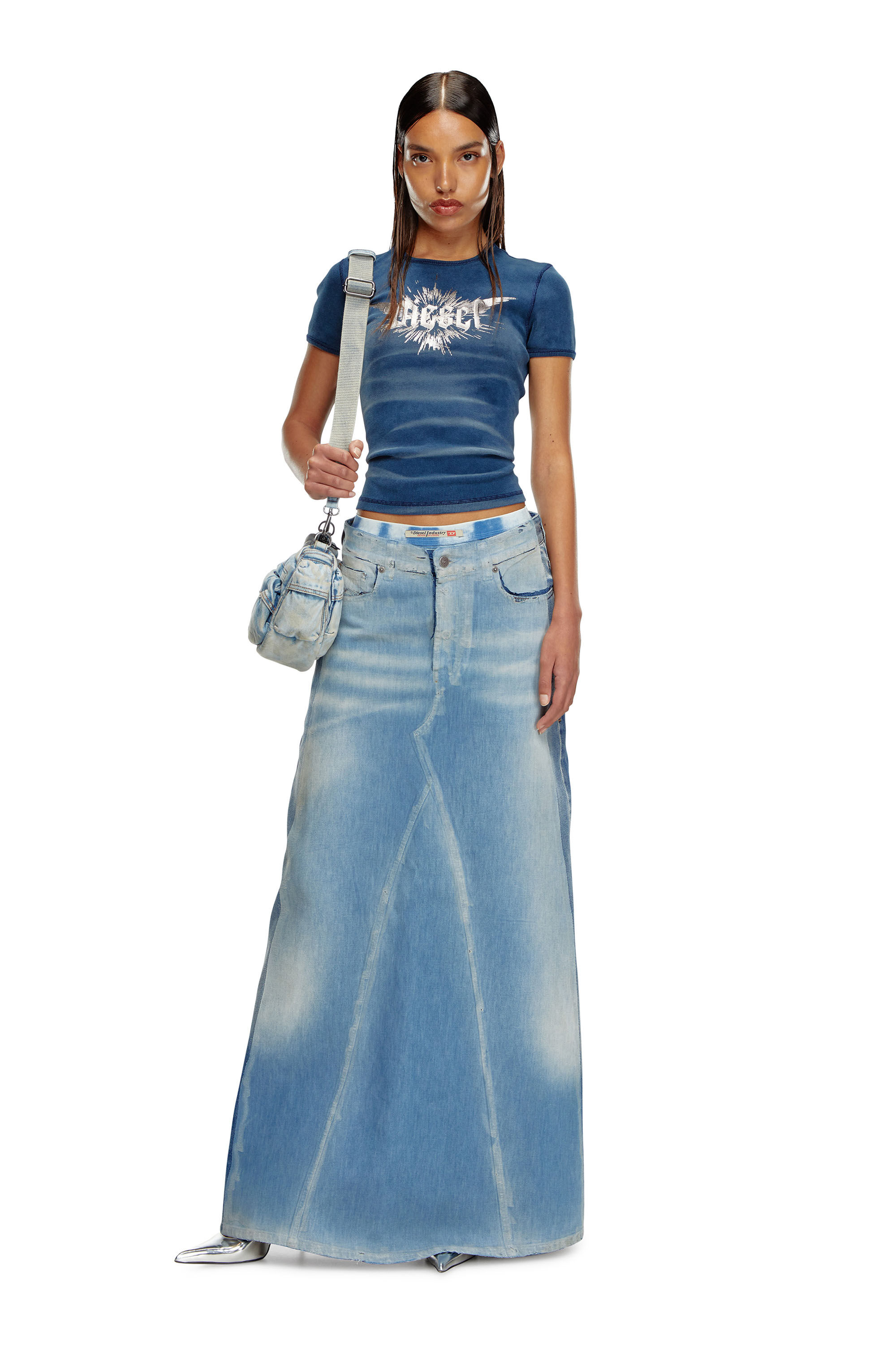 Diesel - DE-PAGO-S4, Female's Long skirt in peel-off denim in ブルー - 1