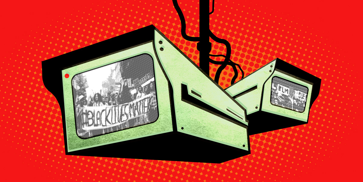 illustration of surveillance cameras with images of Black Lives Matter protesters on the lenses