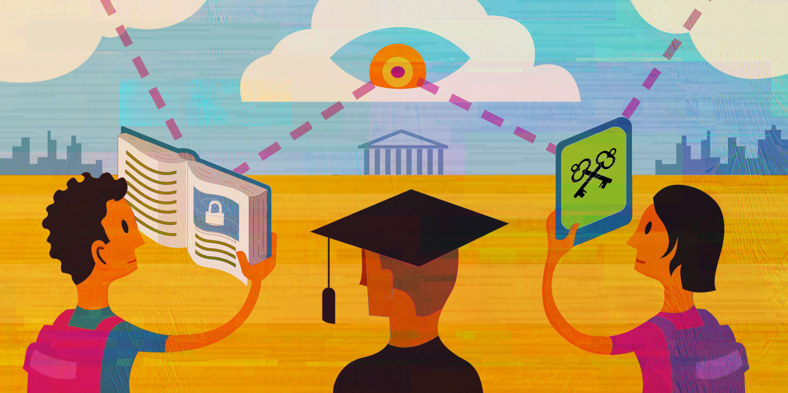 illustration of college graduate facing an eye in the sky connect to a book and a tablet next to them