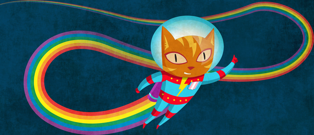 illustration of a cat flying in a spacesuit followed by rainbow streams