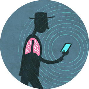 illustration of people walking with cell phones, with a see-through view of their lungs