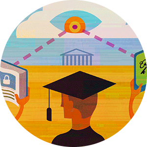 illustration of college graduate facing an eye in the sky connect to a book and a tablet next to themd