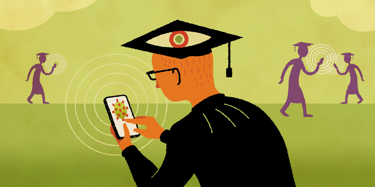 students in caps & gowns using phone tracking apps