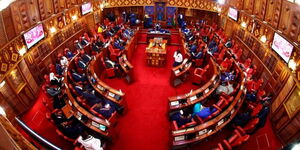 An aerial view of senators seated during proceedings in the Senate of Kenya