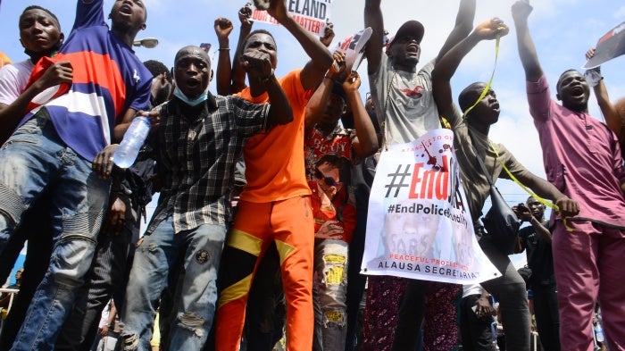 #EndSars protest against the harassment, killings and brutality of the Nigerian police force unit called Special Anti-Robbery Squad (SARS) in the Lagos State House of Assembly on October 13, 2020.