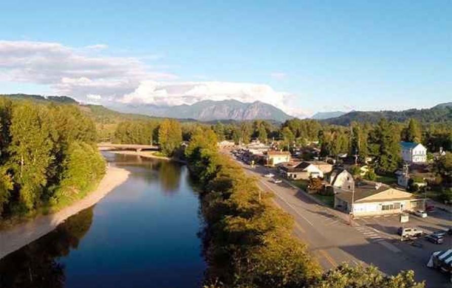 View of a river and mountain community of Fall City