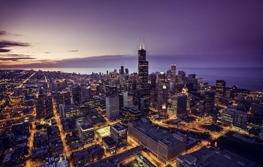 Chicago skyline aerial view at dusk