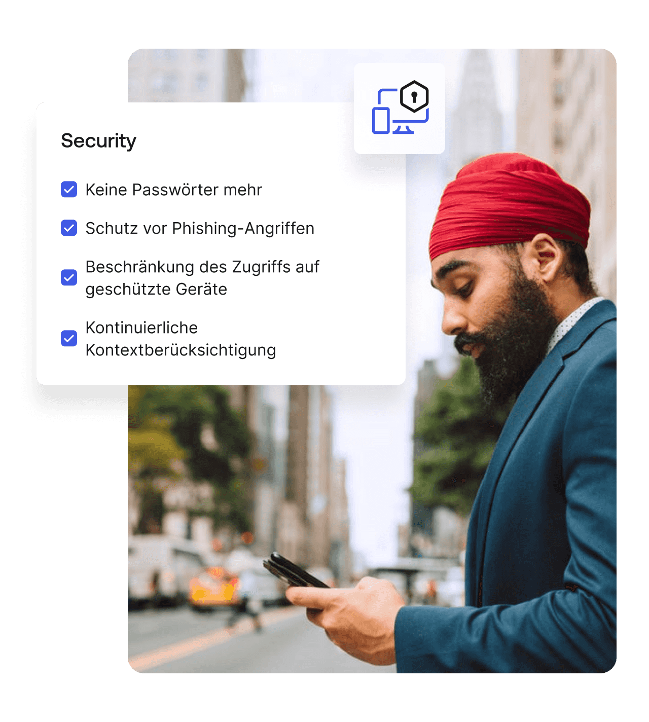 Display of Okta security features overlapping an image of a man on his phone. 