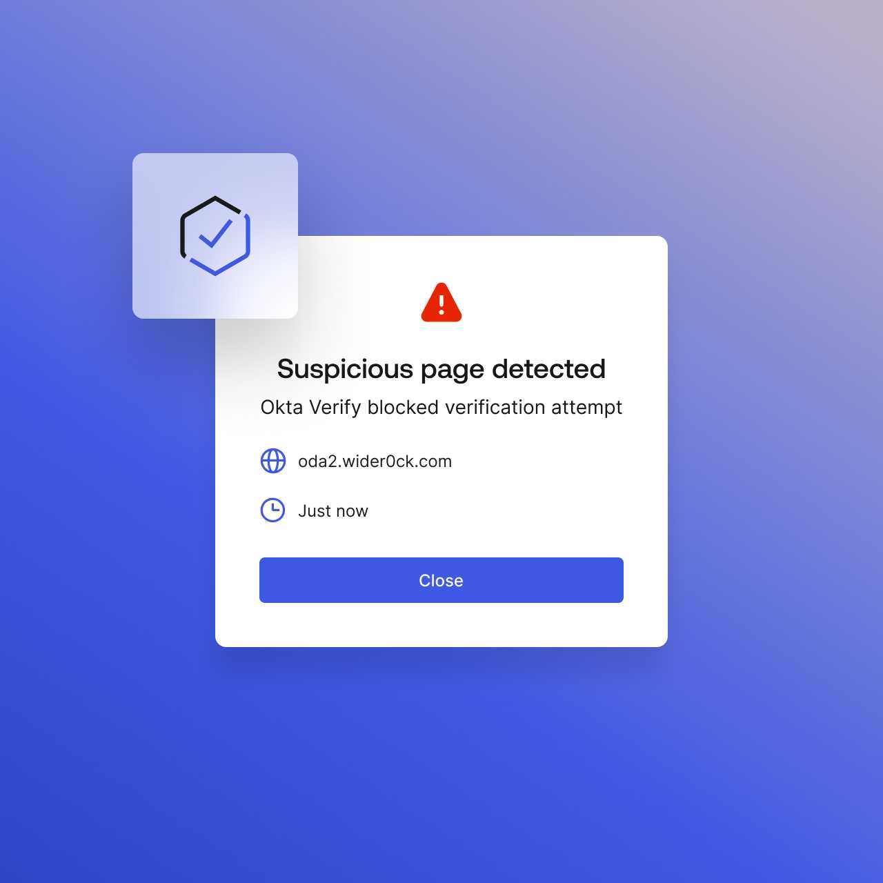 A graphic of an alert stating suspicious activity was detected and blocked by Okta Verify. 